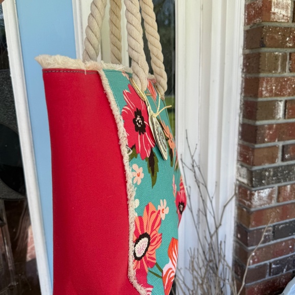NWT Spartina 449 Boho Beach Tote Linen & Leather Floral - Picture 2 of 15